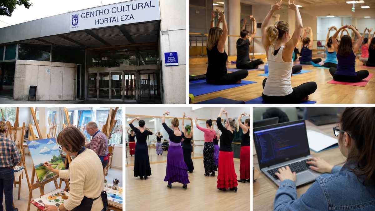 ALT: Vecinos participando en cursos y talleres culturales de Hortaleza con clases de yoga, pintura, baile e informática en Madrid