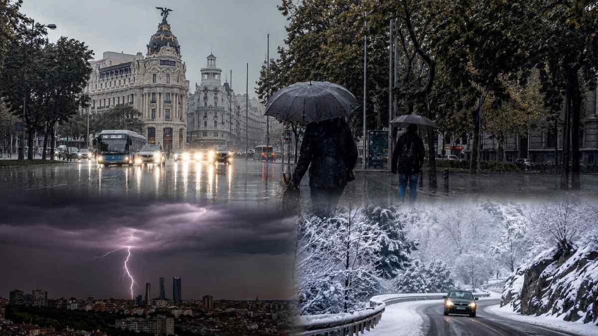 DANA y aire polar en Madrid con lluvias intensas, tormentas eléctricas y nieve en la Sierra de Guadarrama