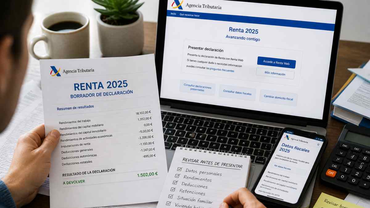Declaración de la Renta 2025 con borrador del IRPF en pantalla y documentos revisados antes de confirmar