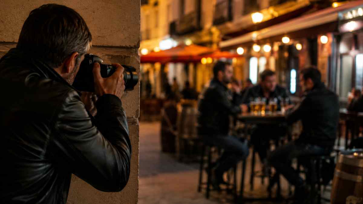Detective privado fotografiando a un trabajador de baja por ansiedad en una terraza de bar durante una investigación laboral