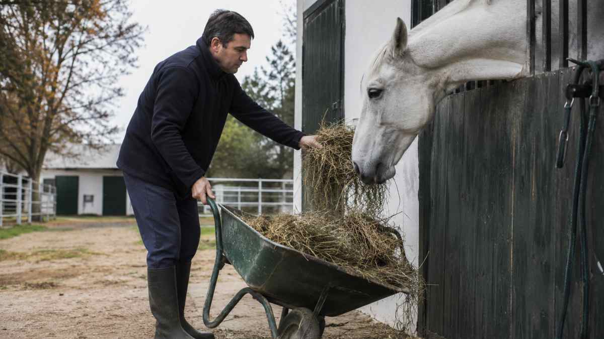 Trabajador alimentando a su yegua durante una baja por ansiedad en una yeguada de Colmenar Viejo
