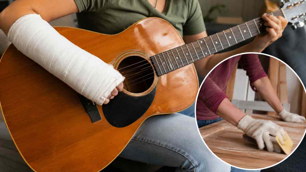 Limpiadora de baja médica tocando la guitarra con el brazo escayolado y lijando puertas en imágenes usadas para justificar su despido