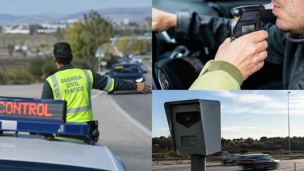 Guardia Civil de Tráfico en un control de carretera junto a un radar y una prueba de alcoholemia de la DGT