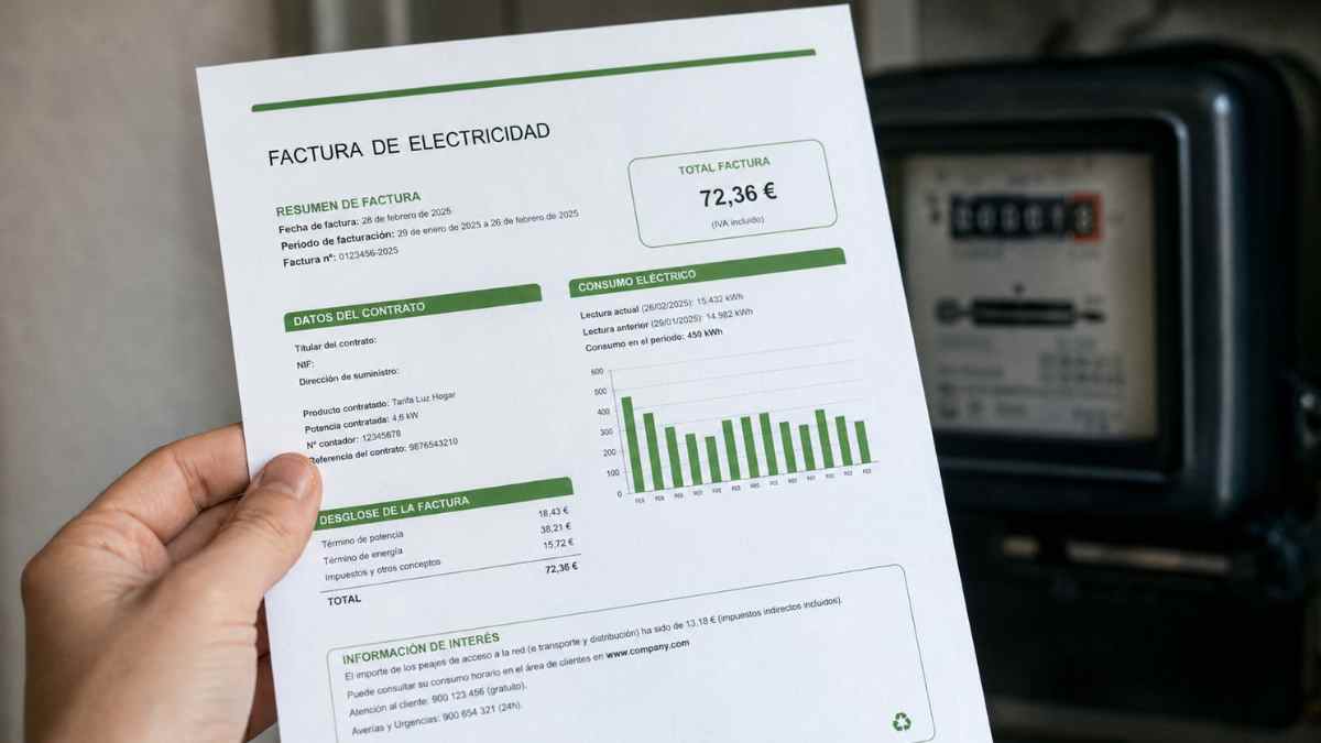 Factura de la luz junto a un contador eléctrico tras el apagón de 2025 por el que FACUA pide reclamar descuentos