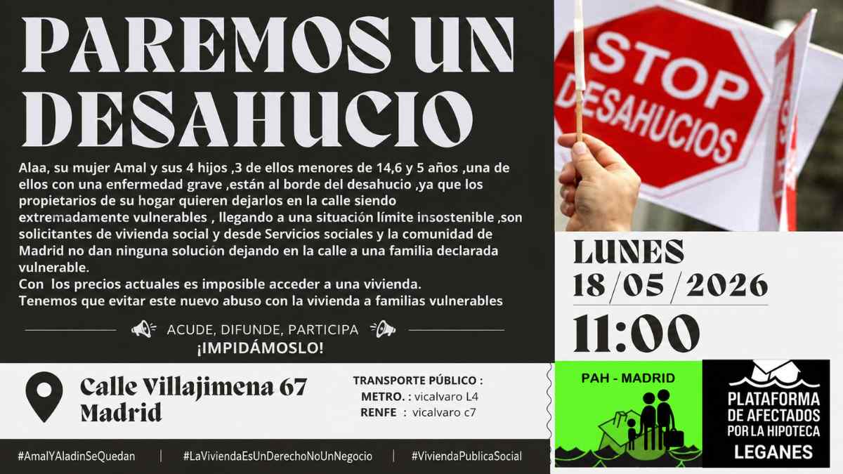 Concentración Stop Desahucios en Vicálvaro para evitar el desalojo de una familia vulnerable con cuatro hijos en Madrid