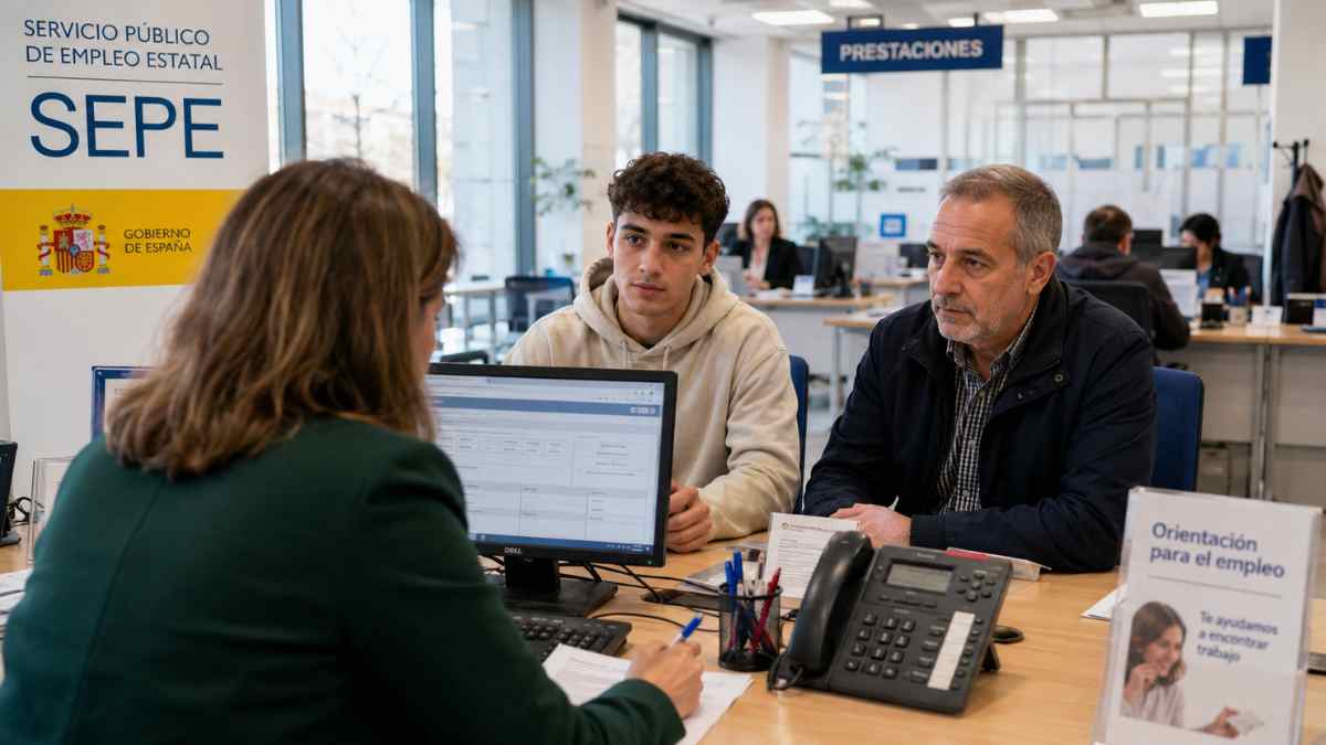 Desempleados jóvenes y mayores de 52 años reciben atención en una oficina del SEPE tras las nuevas ayudas al empleo del Gobierno