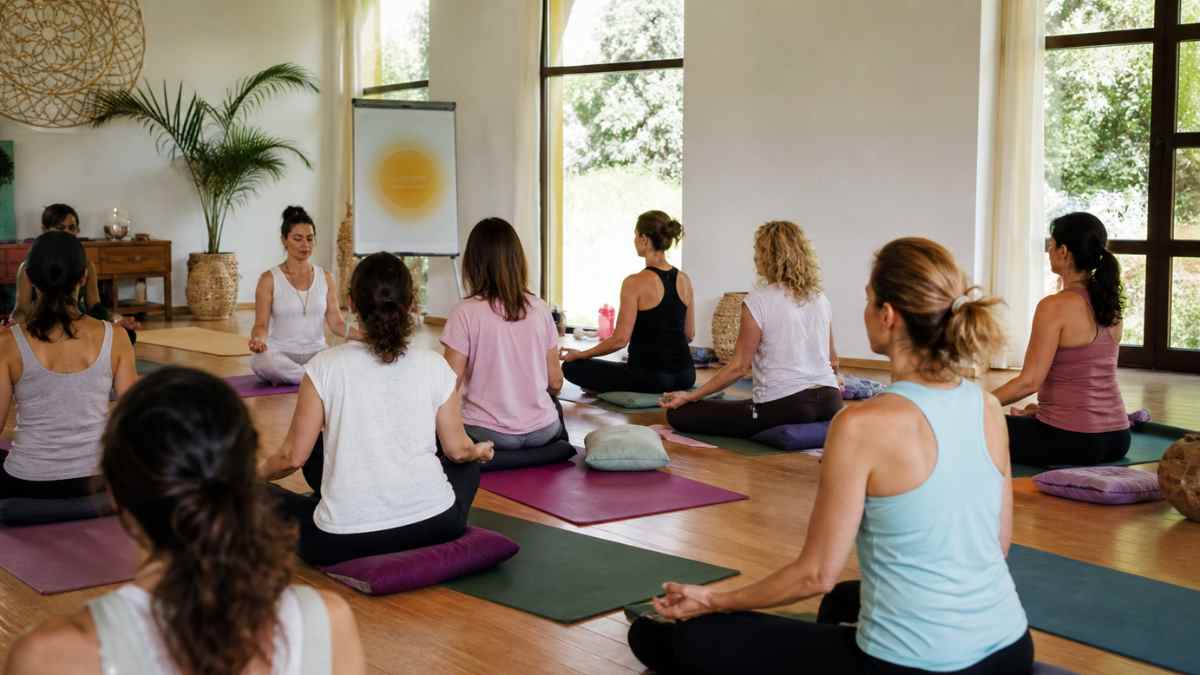 Clase de yoga y bienestar en Madrid con mujeres practicando meditación para reducir la ansiedad