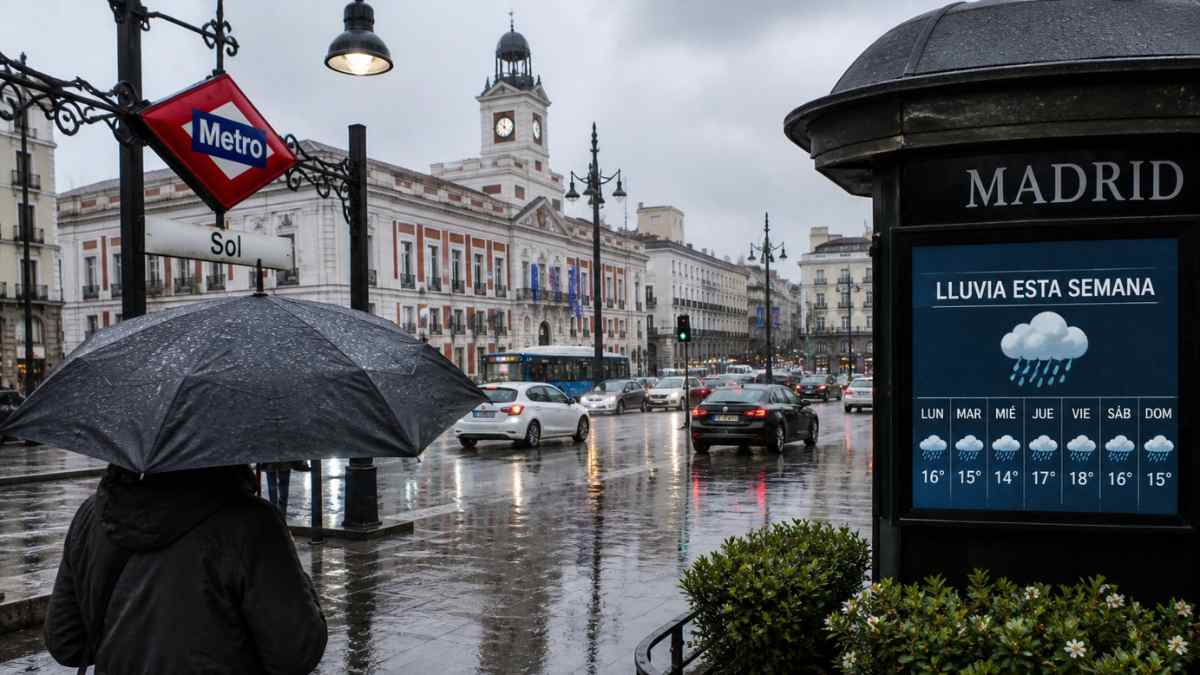 Lluvia en Madrid centro con paraguas en Puerta del Sol y previsión de precipitaciones durante la semana