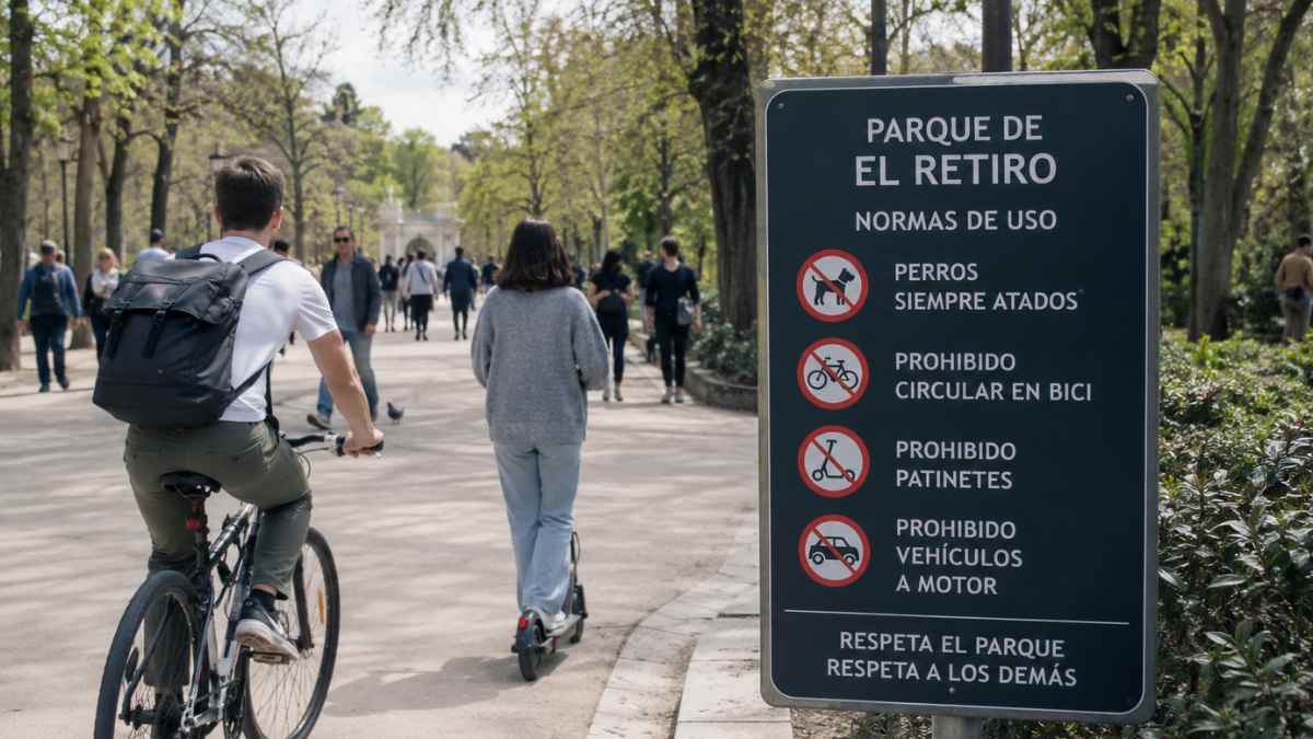 Personas caminando y circulando en bicicleta y patinete en el parque de El Retiro de Madrid junto a un cartel de nuevas normas