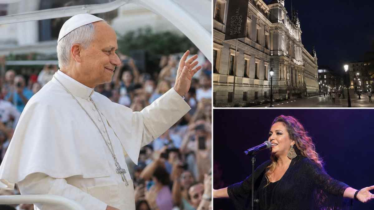 Papa León XIV saluda en Madrid junto al Museo del Prado iluminado y la actuación de Niña Pastori durante la visita papal