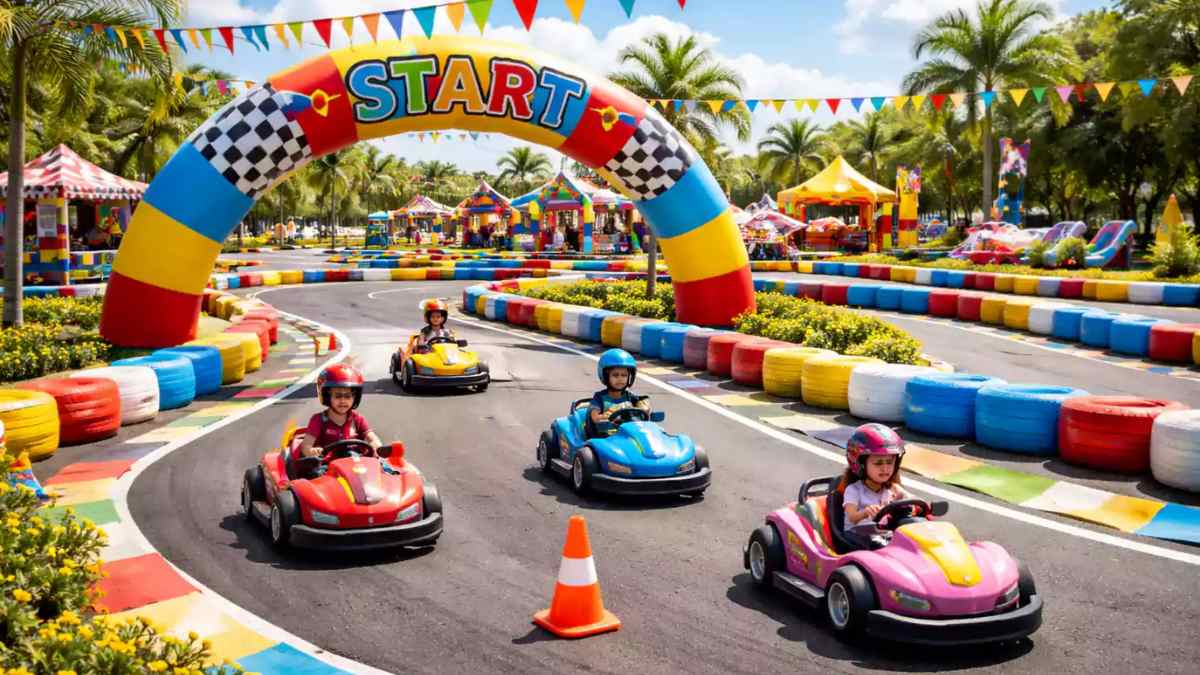 Niños conduciendo karts en el parque indoor más grande de Madrid con circuito infantil y zonas de ocio familiar