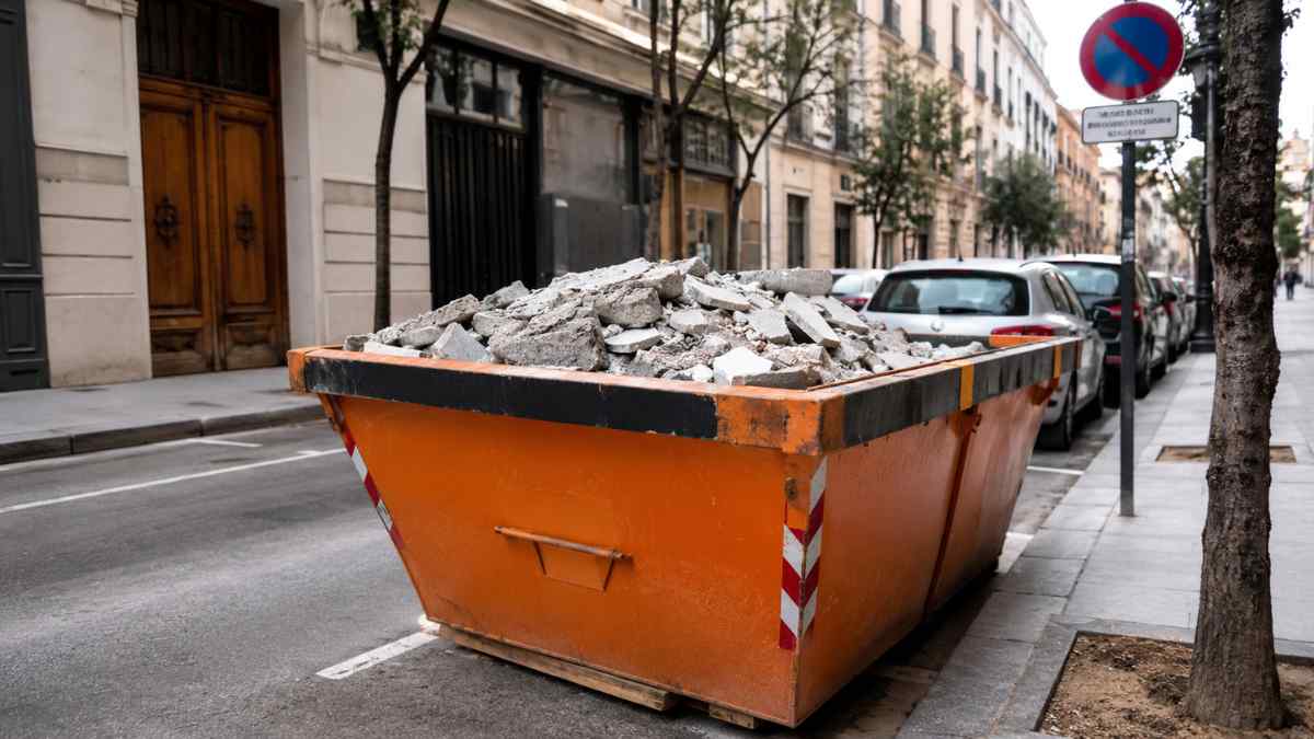 Contenedor de obra con escombros en una calle de Madrid sujeto a la tasa municipal por ocupación de vía pública