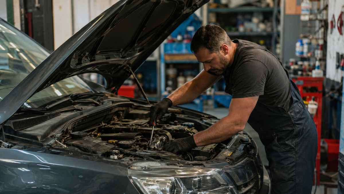 Mecánico revisando el motor de un coche durante una baja laboral en un taller tras una investigación con detective