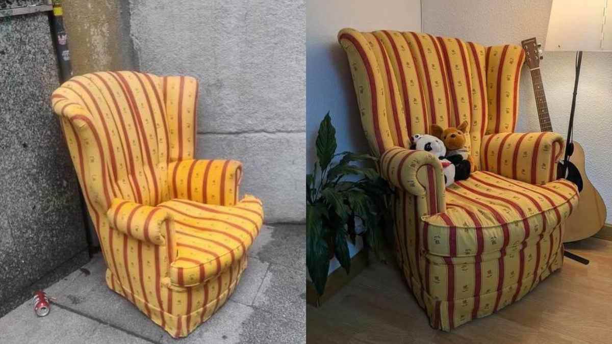 Sillón rescatado de la calle antes y después en mercadillo gratis de Madrid con muebles reutilizados