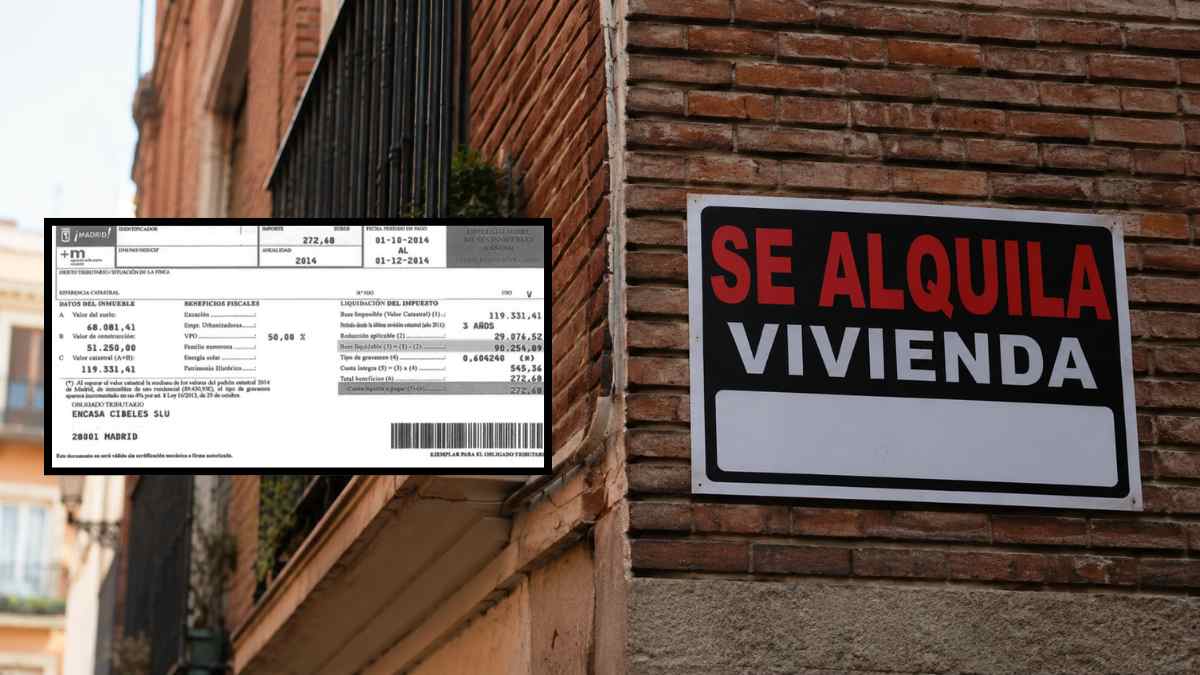 Cartel de “Se alquila vivienda” junto a un recibo del IBI por el recargo a viviendas vacías en España