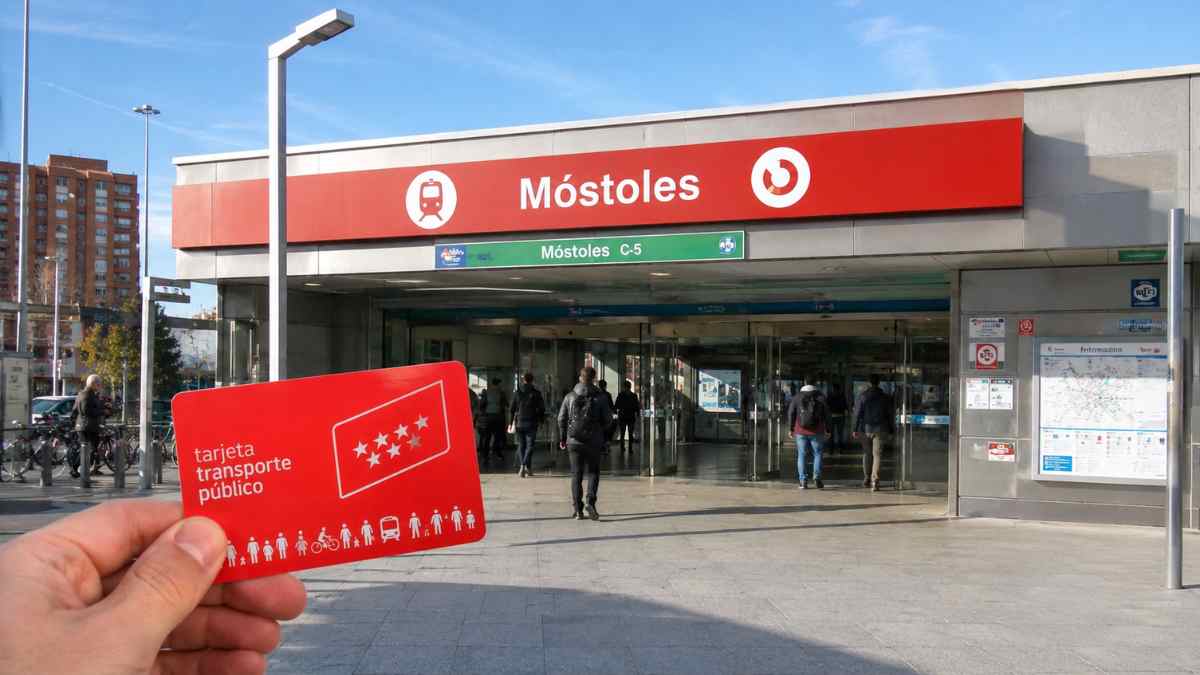 Entrada de la estación de Móstoles con una tarjeta de transporte público tras el posible cambio de zonas tarifarias en Madrid