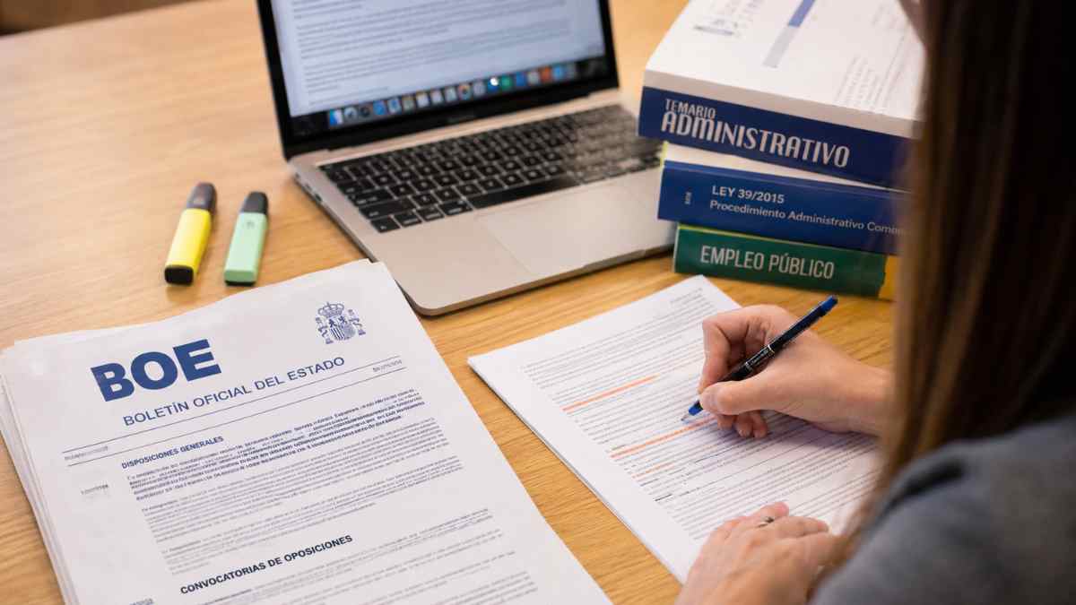 Opositora revisando el BOE con nuevas plazas de empleo público en Madrid para ayuntamientos y universidades