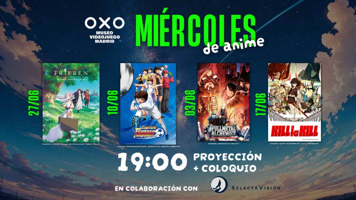 Cartel de los Miércoles de Anime en OXO Museo Madrid con proyecciones gratis de Frieren, Captain Tsubasa, Fullmetal Alchemist y Kill la Kill
