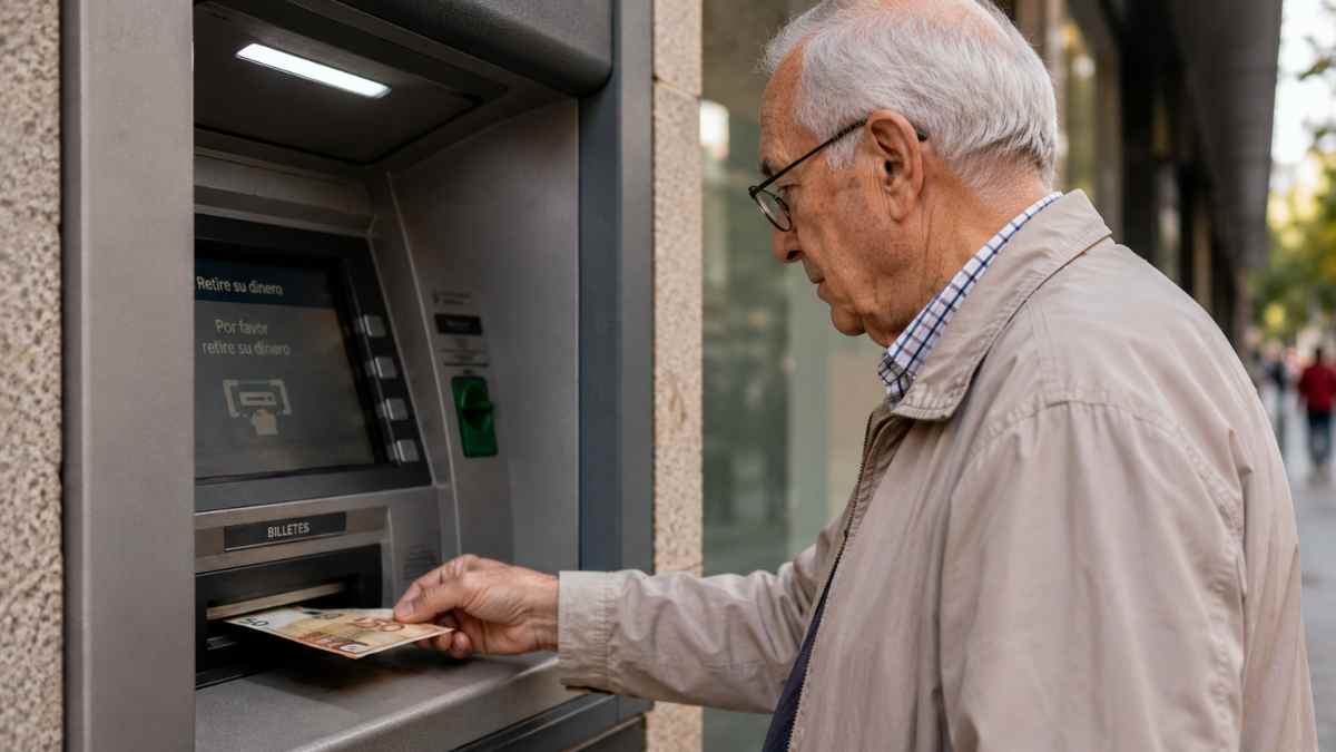 Pensionista sacando dinero del cajero automático tras cobrar la paga extra de verano en junio de 2026