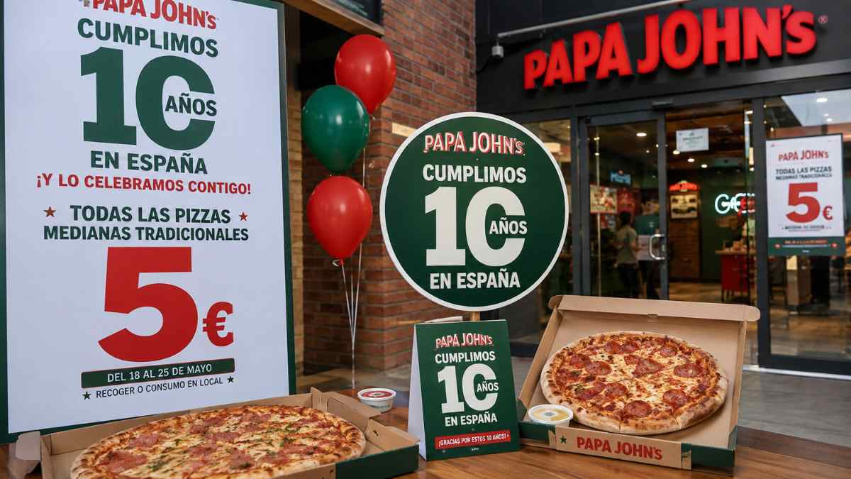 Papa Johns celebra 10 años en España con pizzas medianas a 5 euros en su campaña de aniversario