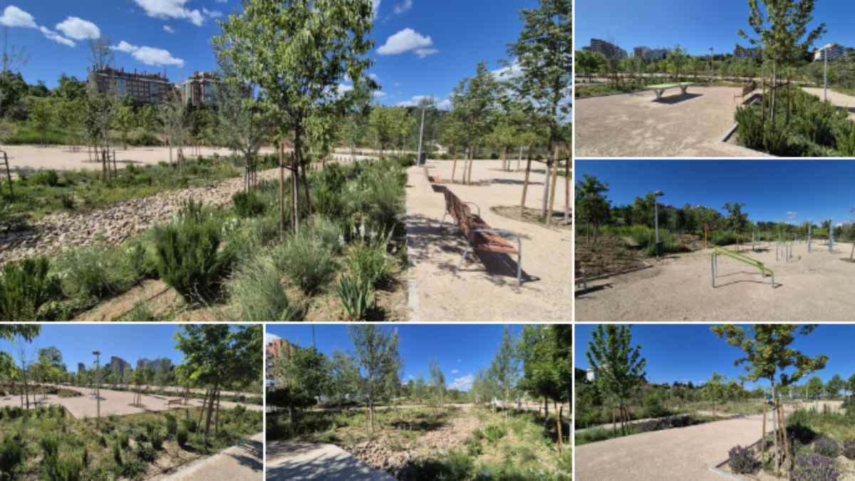 Parque de Peñagrande en Madrid con nuevas zonas verdes, árboles, caminos y espacios deportivos junto a la M-30