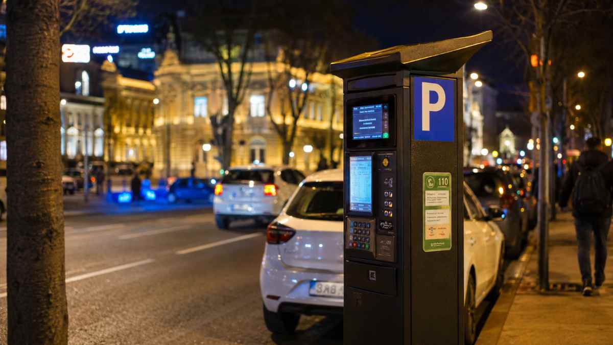 Parquímetro nocturno en una calle de Madrid con coches aparcados tras la ampliación del SER a nuevas zonas