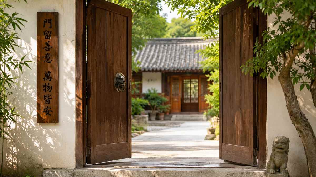 Puerta abierta de una casa tradicional china que ilustra el proverbio sobre la confianza y la seguridad