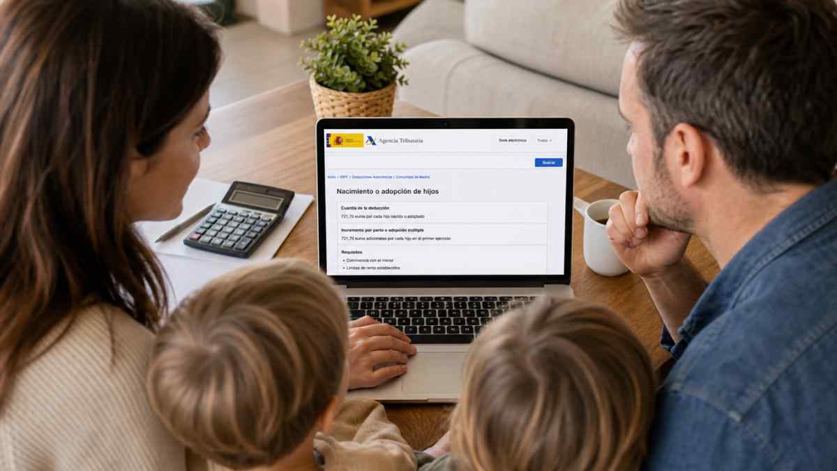Familia revisando la deducción por hijos en la Renta 2025 en Madrid con hasta 721 euros por nacimiento o adopción