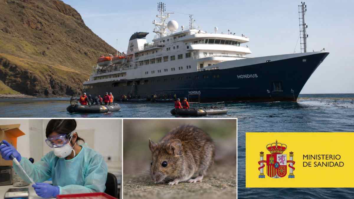 Crucero MV Hondius relacionado con el brote de hantavirus que llegará a Canarias junto a imágenes de laboratorio y un roedor