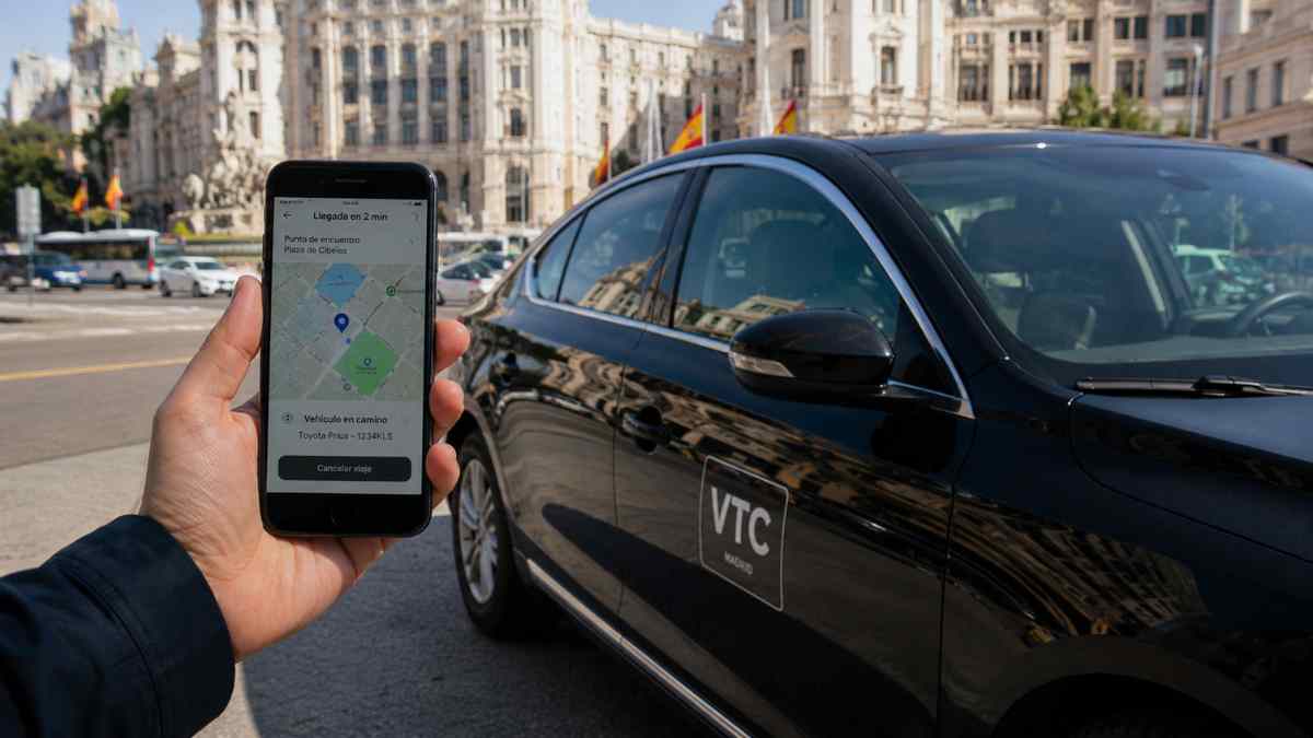 Vehículo VTC en Madrid junto a una aplicación móvil tras el nuevo límite de precios aprobado por la Comunidad de Madrid