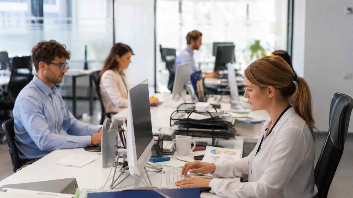 Trabajadores de una oficina del sector asegurador tras el nuevo convenio con subida salarial y mejoras laborales hasta 2028