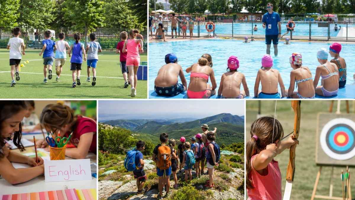 Niños participando en campamentos de verano en Torrejón con actividades deportivas, piscina, inglés y multiaventura