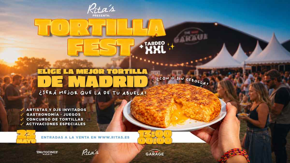 Cartel del Tortilla Fest 2026 en Madrid con concurso de tortillas, conciertos y actividades en el Autocine Madrid