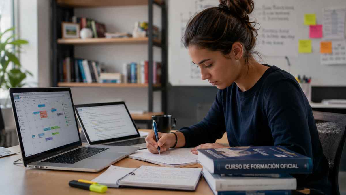 Trabajadora estudiando un curso de formación oficial mientras solicita librar entre semana para compaginar trabajo y estudios