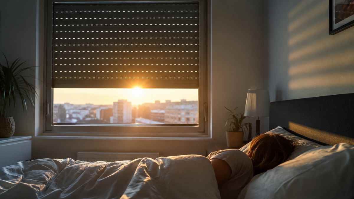 Persiana ligeramente abierta dejando pasar la luz del amanecer en un dormitorio mientras una persona duerme
