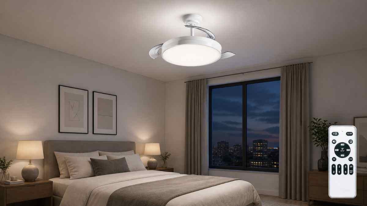 ventilador de techo con luz LED silencioso con mando y aspas retráctiles en dormitorio moderno