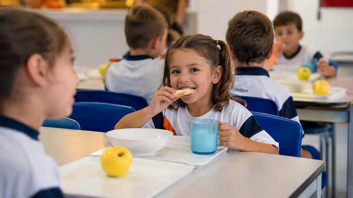 Niño desayunando en un comedor escolar dentro del programa de ayudas de desayuno escolar de la Comunidad de Madrid