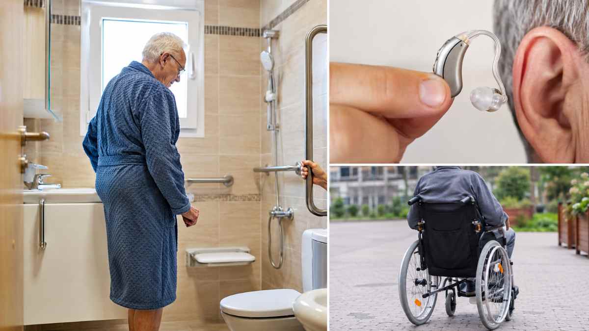 Persona mayor en una vivienda adaptada junto a un audífono y una silla de ruedas dentro de las ayudas de Móstoles para autonomía personal