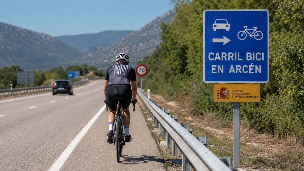 Ciclista circulando por el arcén de una carretera junto a una señal de carril bici tras los cambios recogidos en el BOE
