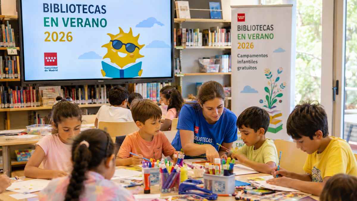 Niños participando en un campamento infantil gratuito en una biblioteca pública de la Comunidad de Madrid durante el verano de 2026