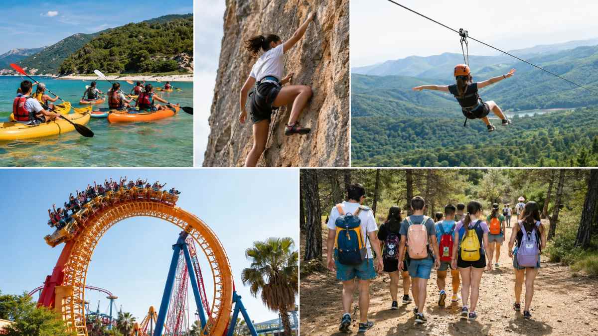 Adolescentes participando en actividades de verano en Móstoles con kayak, escalada, tirolinas, senderismo y parques temáticos