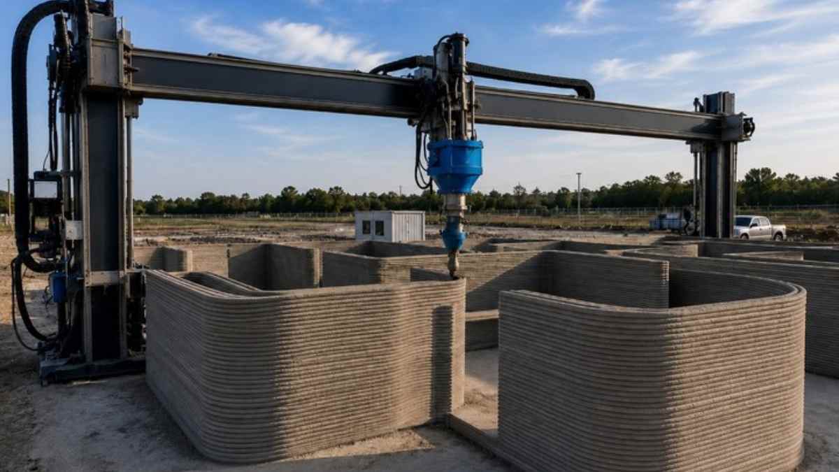 Impresora 3D construyendo una casa de hormigón capa a capa en un proyecto de vivienda impresa en 3D