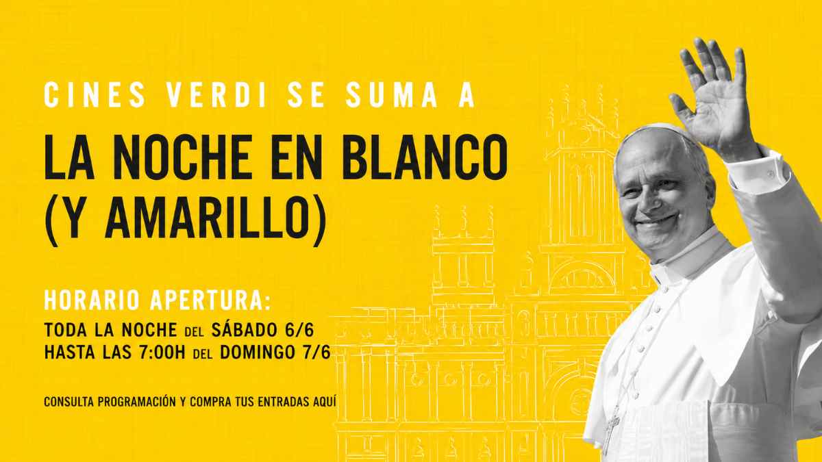 Cartel de la Noche en Blanco y Amarillo en los Cines Verdi Madrid con programación especial de cine durante toda la madrugada