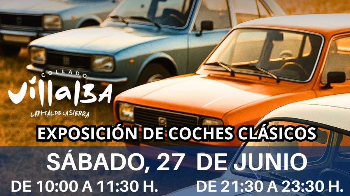 Exposición de coches clásicos en Collado Villalba con vehículos históricos de los años 70, 80 y 90