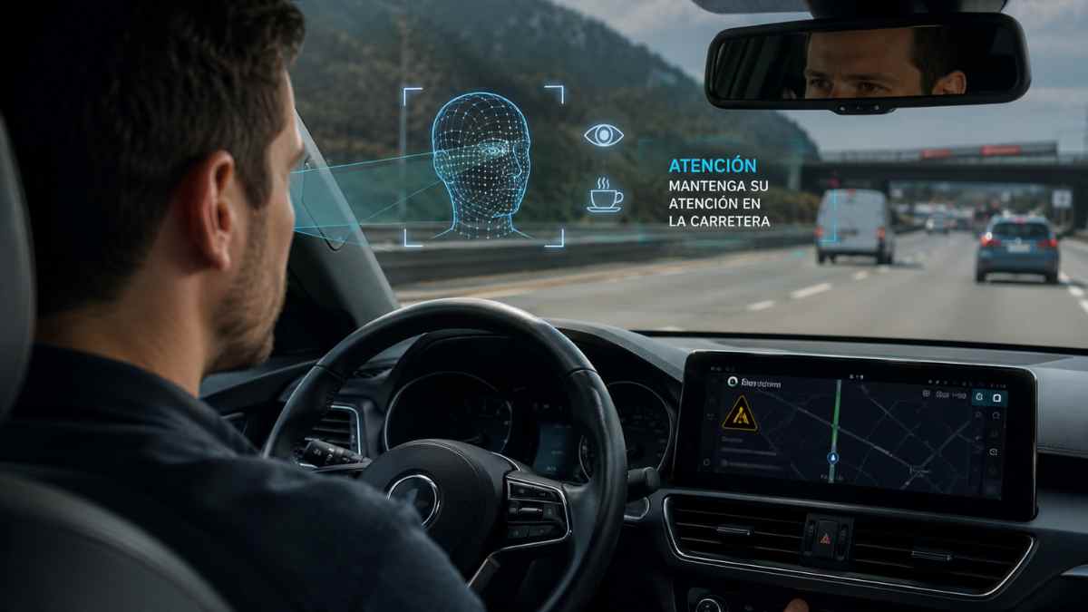 Sistema de monitorización del conductor en un coche nuevo que detecta distracciones y controla la atención al volante.