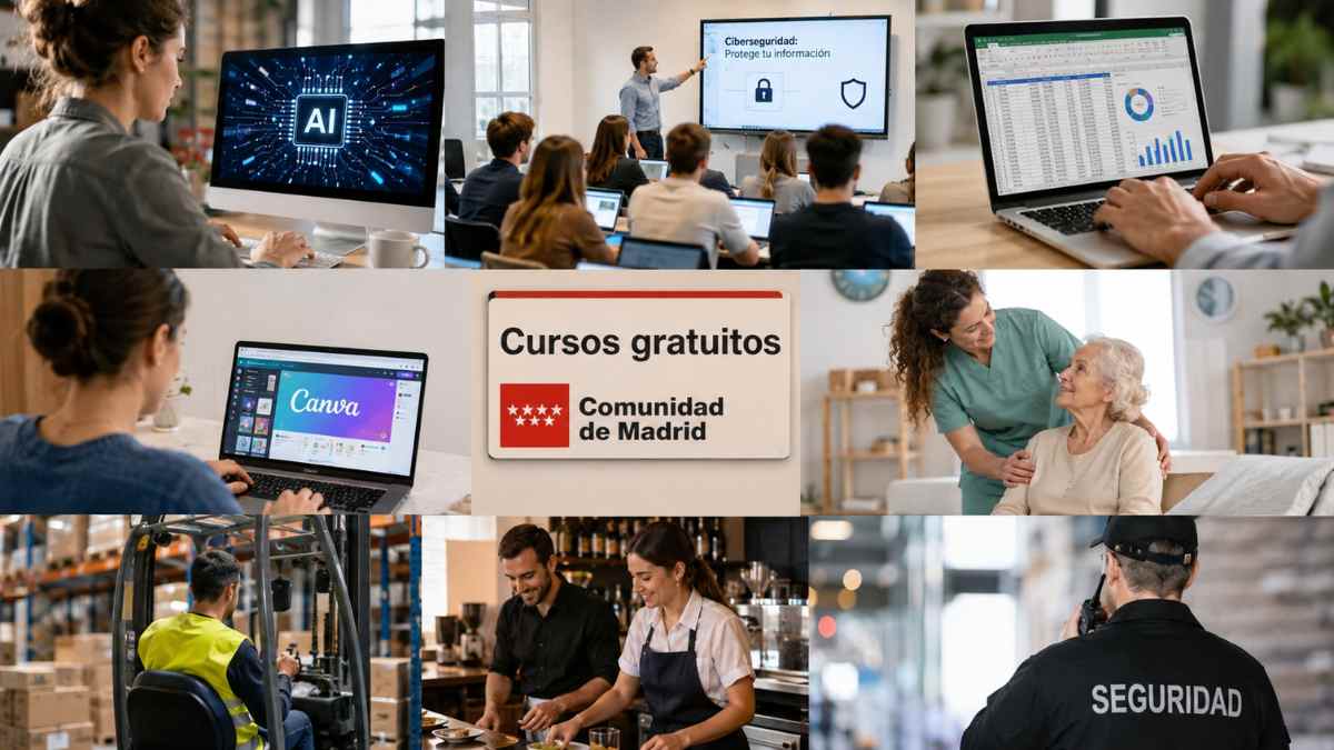 Cursos gratuitos en Madrid sobre inteligencia artificial, Excel, ciberseguridad, hostelería, almacén y atención sociosanitaria.