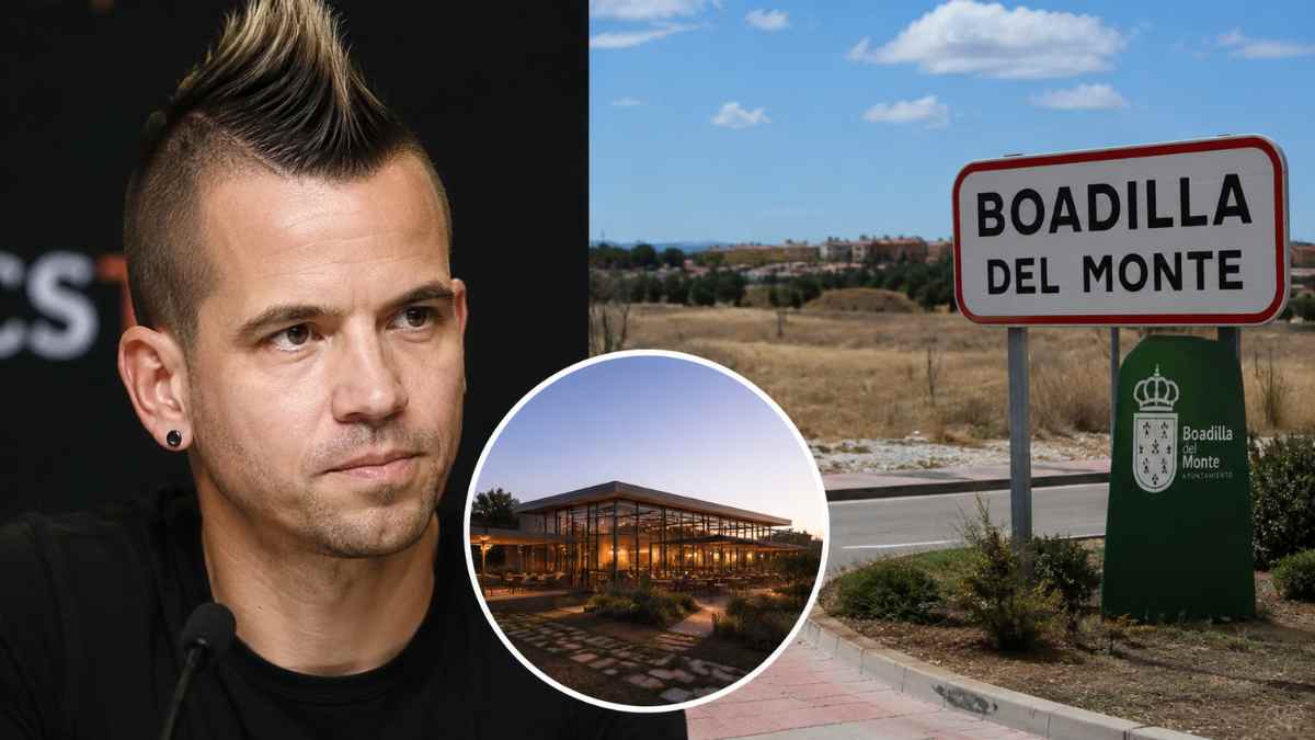 Dabiz Muñoz junto a una imagen de Boadilla del Monte y recreación del nuevo restaurante que proyecta abrir en Madrid