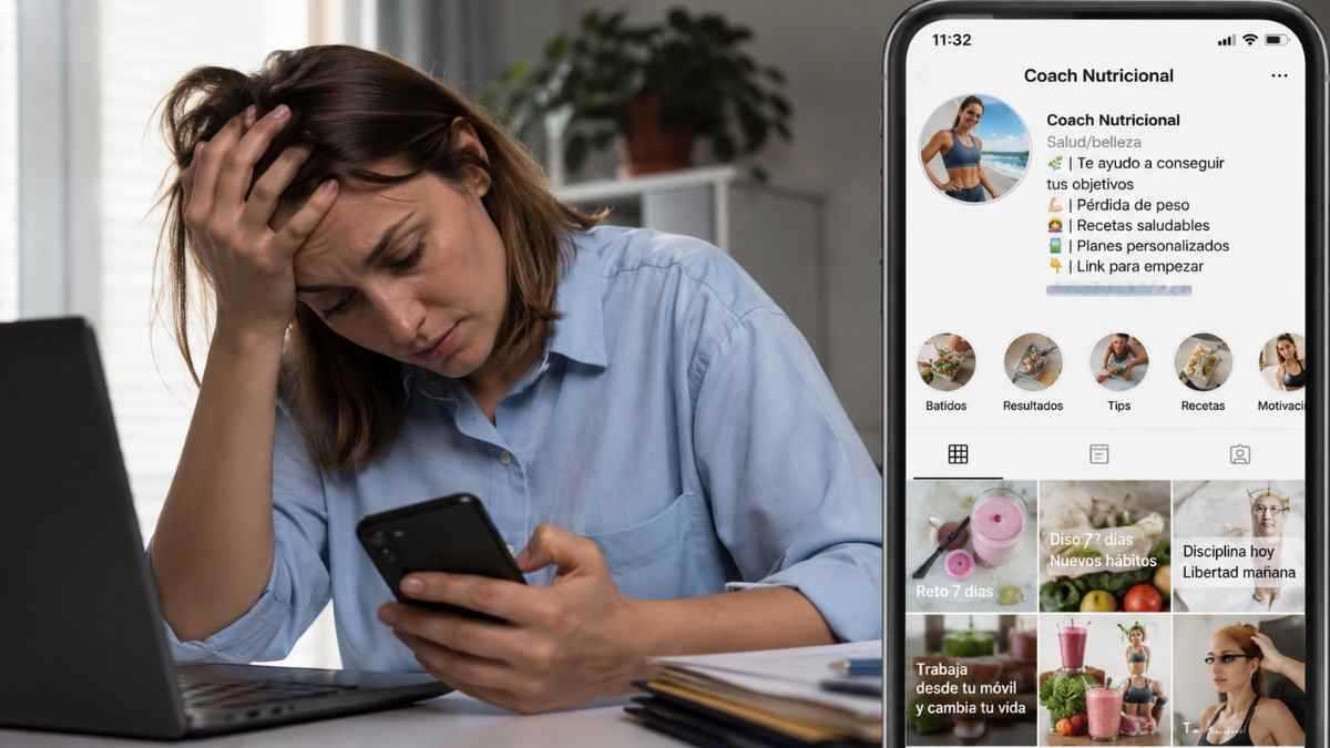 Administrativa de baja por depresión consulta Instagram mientras promociona una actividad como coach nutricional.