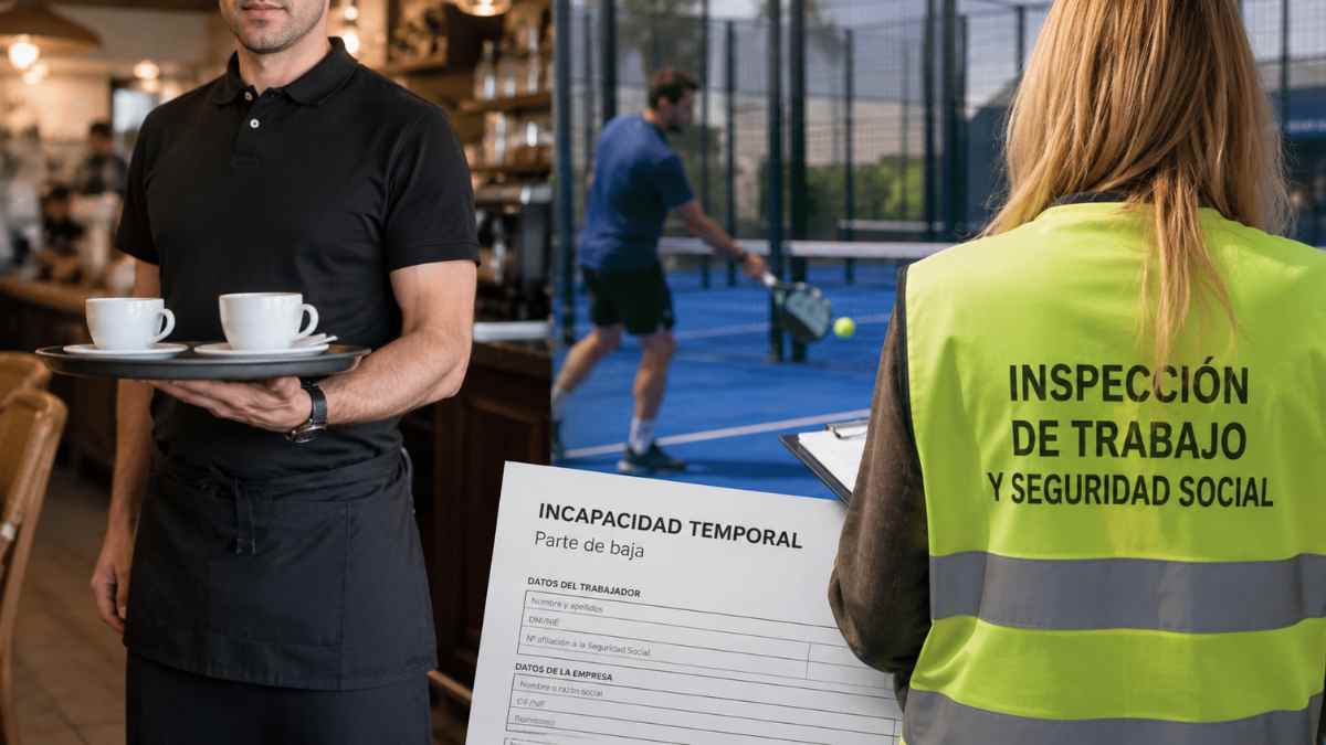 Ilustración de un camarero, una inspectora de Trabajo y una pista de pádel por el despido improcedente de un trabajador de baja médica.