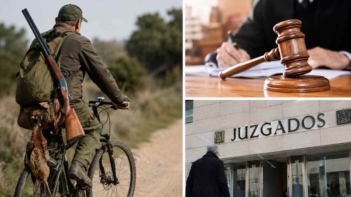 Peón agrícola de baja médica con bicicleta y escopeta junto a un juzgado en un caso de despido improcedente.